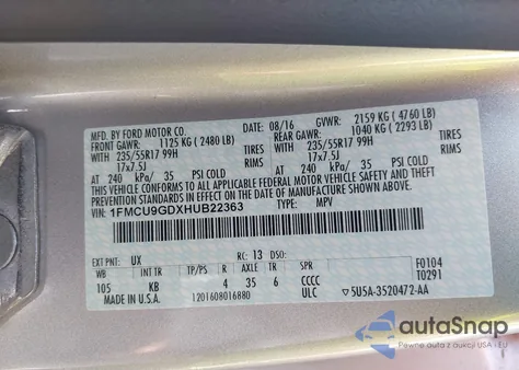 2017 Ford Escape Se from USA, damaged, VIN 1FMCU9GDXHUB22363